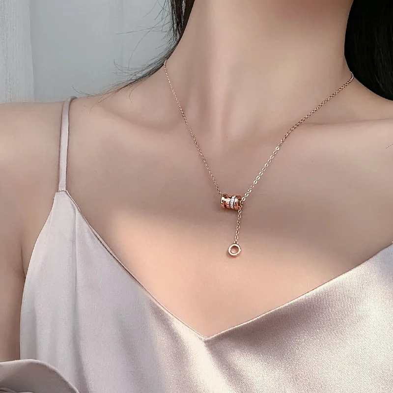 Silver Color Necklace For Women Rose Gold Transit Chain Roman Diamond Circle Pendant Roman Numeral Fashion Wedding Party Jewelry