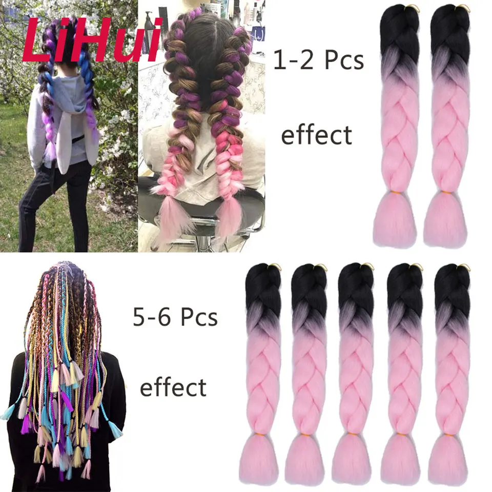 Trenza jumbo Lihui de 24 pulgadas sintética para trenzar, extensión con efecto ombre para mujer, DIY, rosa, púrpura, amarillo, gris 3