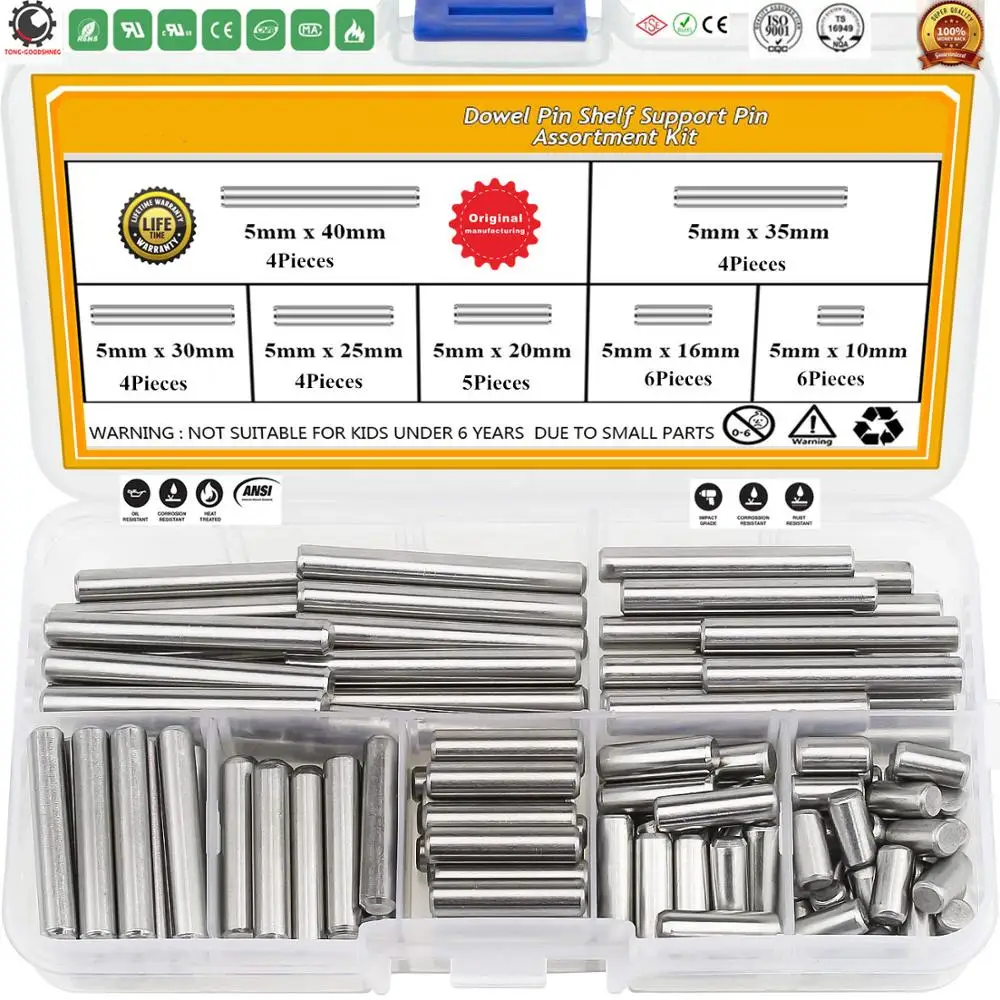 

304 Stainless Steel 7 Sizes Dowel Pin Kit,Shelf Support Pin Fasten Elements Assortment Kit,Locating Pins Solid Pins,Hardware Pin