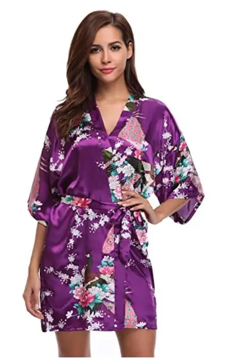 Silk Satin Wedding Bride Bridesmaid Robe Floral Bathrobe Short Kimono Robe Night Robe Bath Robe Fashion Dressing Gown For Women