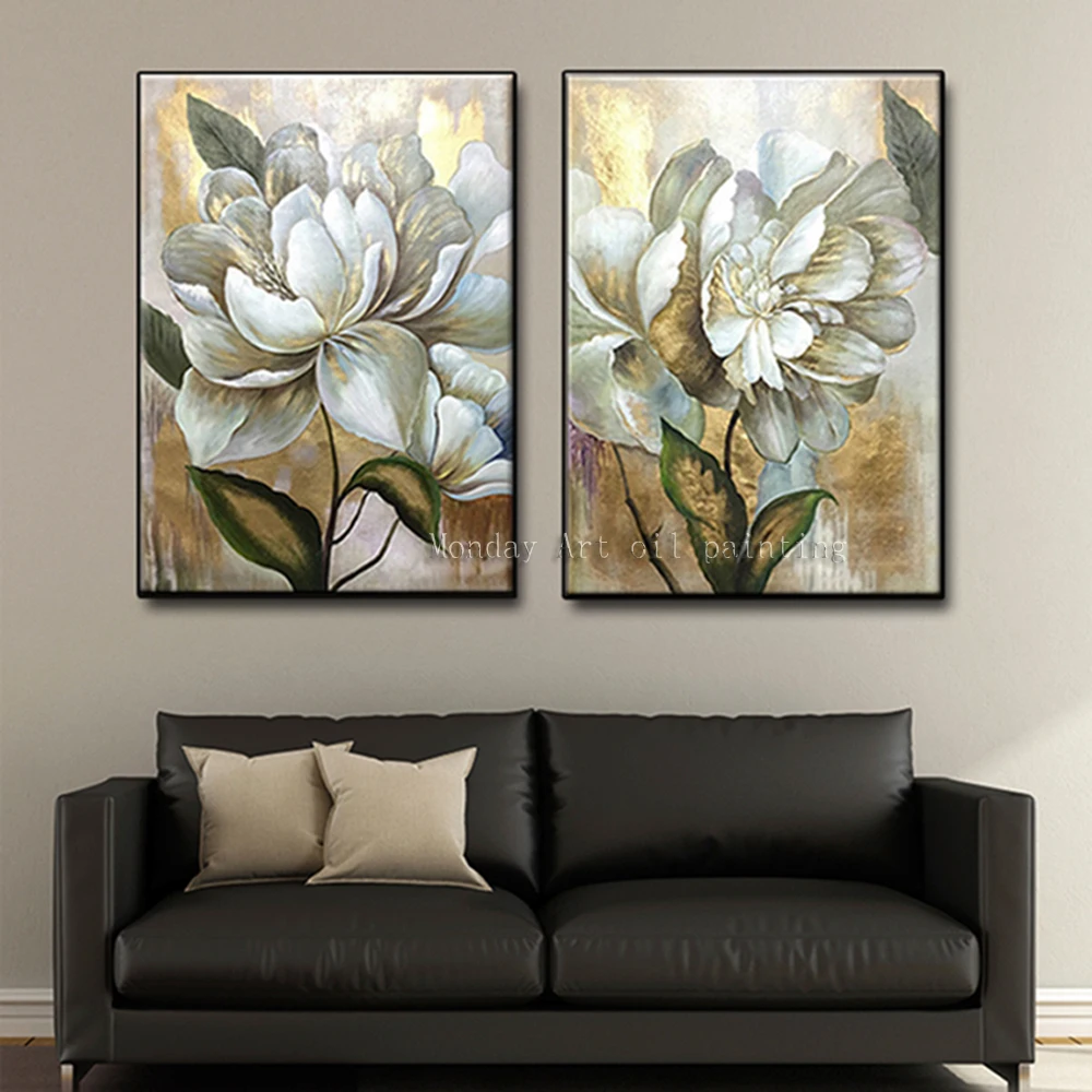 

2 Panel hand painted Wall Art canvas painting quadro handmade Gold flower Decorative picture Gold Flower oil Painting home decor