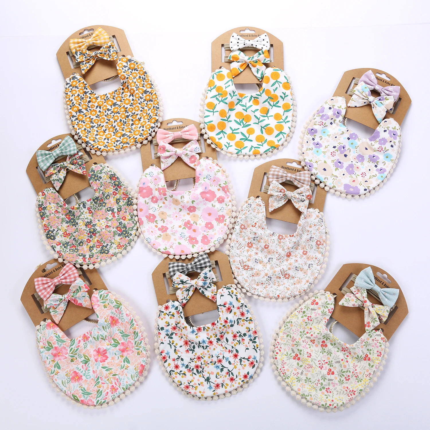 3Pcs Baby Headband Tassel Saliva Towel Floral Print Newborn Double Side Bibs Boys Girls Bandana Burp Cloths Feeding Smock Stuff