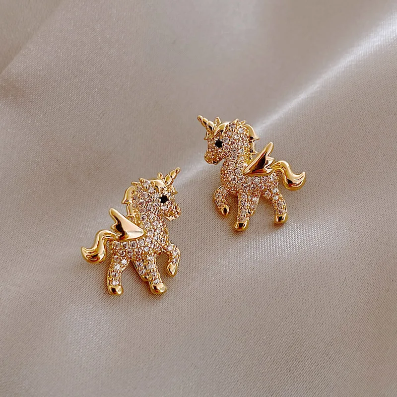 Cute Horse Zircon Stud Earrings for Women Girls Animal Owl Cat Fish Tail Gold Color Pearl Wedding Party Jewelry New Sweet Gifts