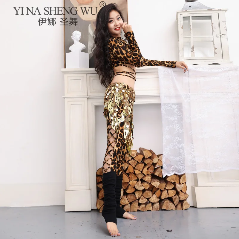 Women\'s Belly Dance Dance Leopard Practice Clothes New Sexy Hollow Trousers Tops Profession Dance Hip Scarf Bellydance Costume