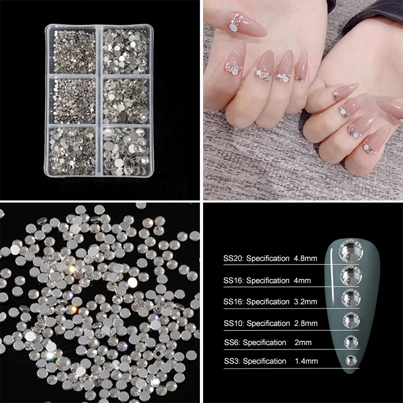 1 Box Crystal Nail Art Rhinestone Gold Silver Clear All Color Flat Bottom Mixed Shape DIY Accessories 3D Decoration In 6cell Pot