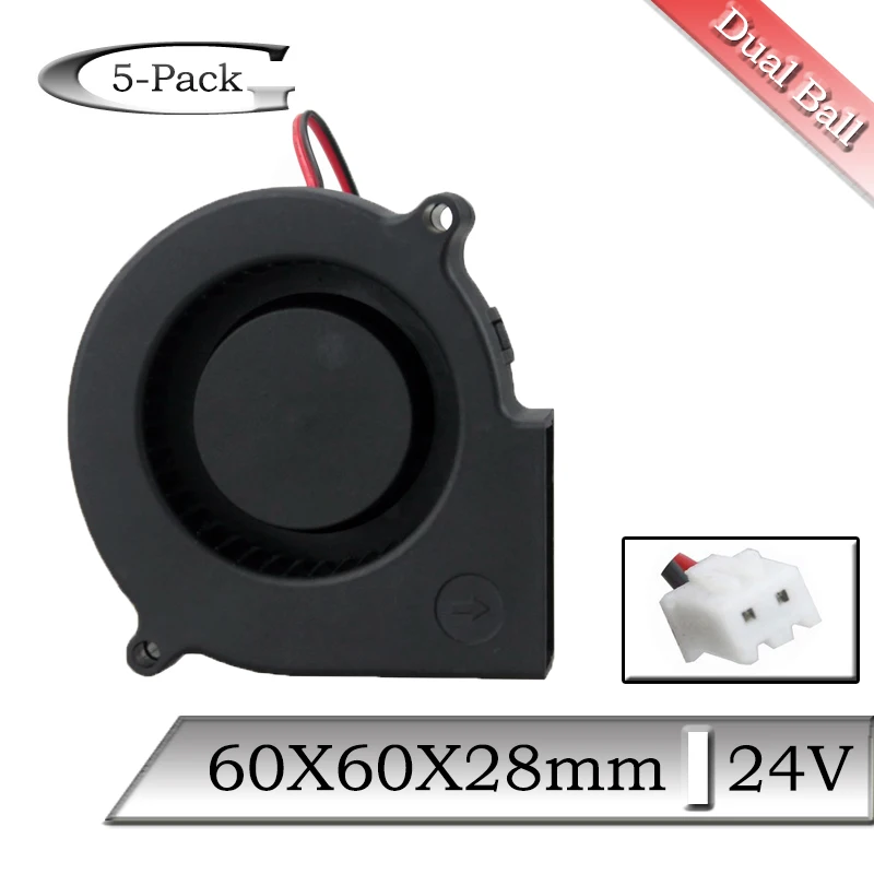 

5 Pcs Gdstime 24V 60mm 60mmx28mm Ball Bearing 2Pin Blower PC Cooler Blower Cooling Fan 6028 6cm Brushless DC Turbo Blower Cooler