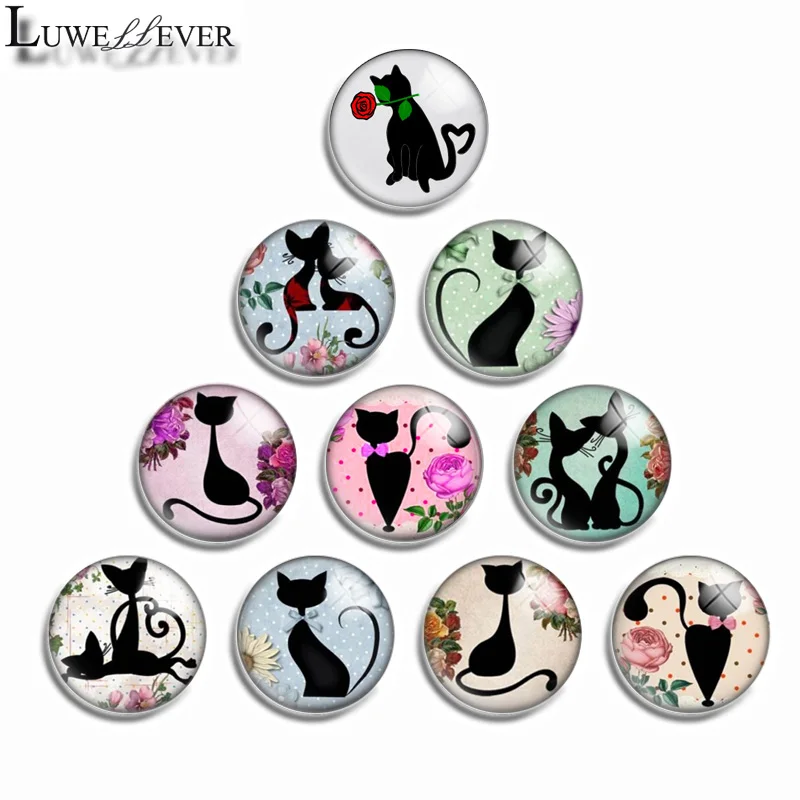 10mm 12mm 14mm 16mm 20mm 25mm 488 Cute Black Cat Mix Round Glass Cabochon Jewelry Finding 18mm Snap Button Charm Bracelet