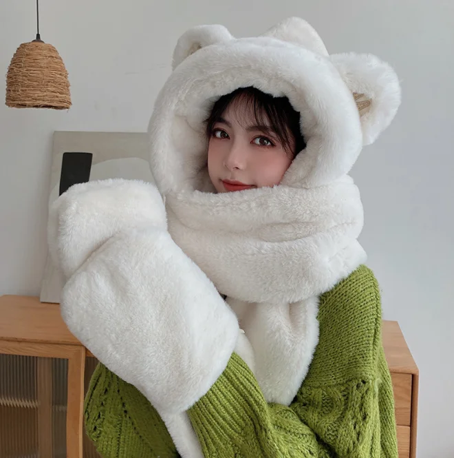 Bear Hat Imitation Fur Winter Women's Fashion Foreign Trade Cross-border Warm Autumn Plush Hat Scarf Glove Integration White