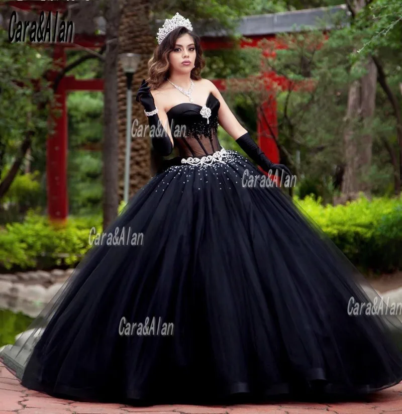 Vestidos De quinceañera negros con corsé elegante, Charro encantador, De tul De los Años XV, 16 Vestidos De graduación