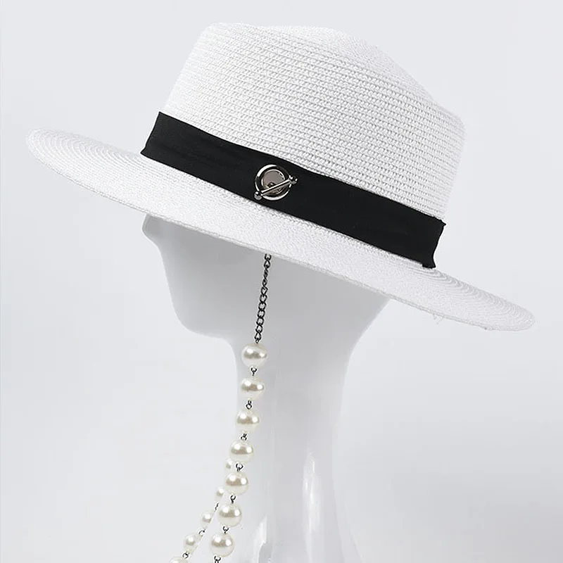 Elegant Women's Summer Hat Sun Protection Cap Female Concave-Convex Flat Wide Brim Hat Pearl Chain Straw Hat Beach Hat Sun Hats