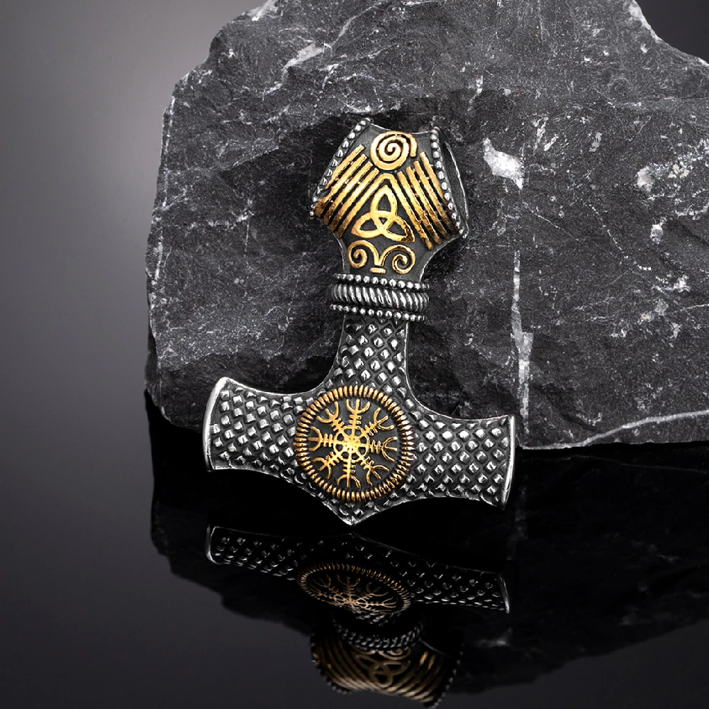 Herren-Halskette aus Edelstahl mit Wikinger-Thor-Hammer-Anhänger, doppelseitiger nordischer Anker-Amulett-Anhänger, skandinavischer Vintage-Schmuck. – Detail 17