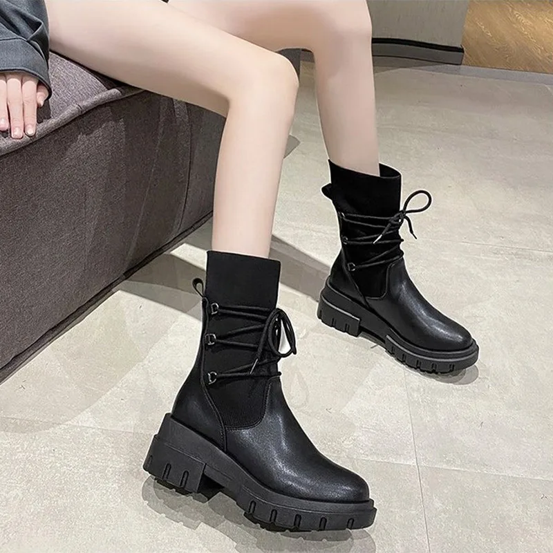 Women\'s Chunky Heels Mid-calf Boots Nice Stretch Fabric Ladies Shoes Female Autumn Footwear Pop Casual Platform Woman Boots