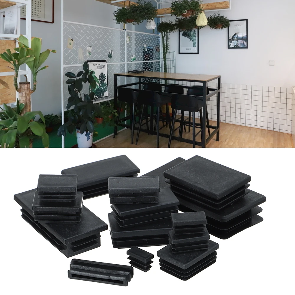 10 pçs plástico preto mobiliário perna plug blanking tampa de extremidade bung para tubo retângulo inserção plugues decorativos capa poeira venda