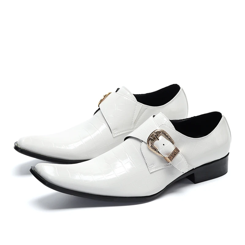 

Summer Men Luxury White Genuine Leather Oxford Buckle Shoes For Man Pointed Toe Office Dress Wedding Trend Shoe Sapato Masculino