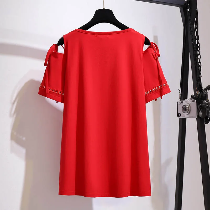 150Kg Plus Size Women's Summer Loose Off-The-Shoulder Print T-Shirt Bust 149cm 5XL 6XL 7XL 8XL 9XL Round Neck Short-Sleeved Top