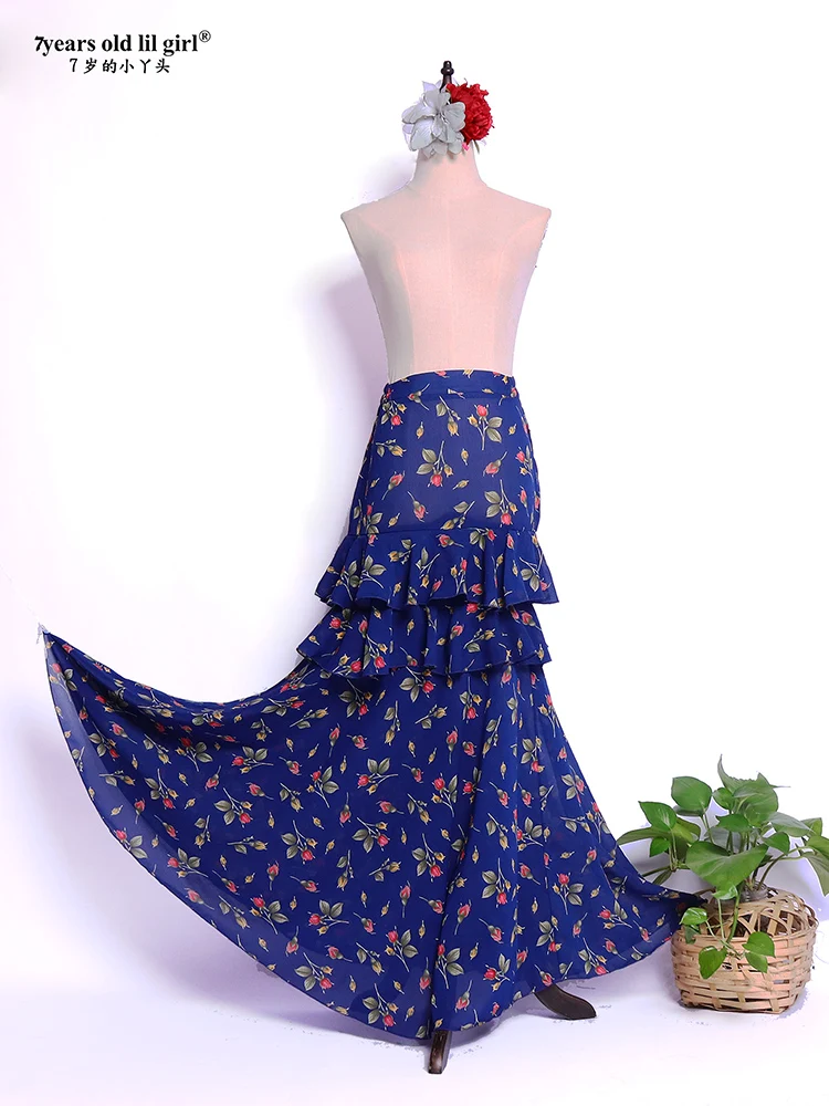 Falda de flamenco Falda tribal con estampado de gasa gitana para danza del vientre EKK15