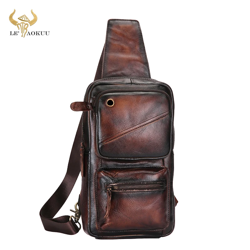 

Hot Sale Real Grain Bull Leather Triangle Sling Chest Bag 8" Tablet Design One Shoulder Strap Cross-body Bag For Men Male 8020