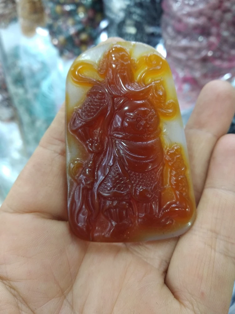 

Super Agate Churinga Patron Saint Pendant GuanYu Amulet Dangling Nature Chalcedony Lucky Talisman