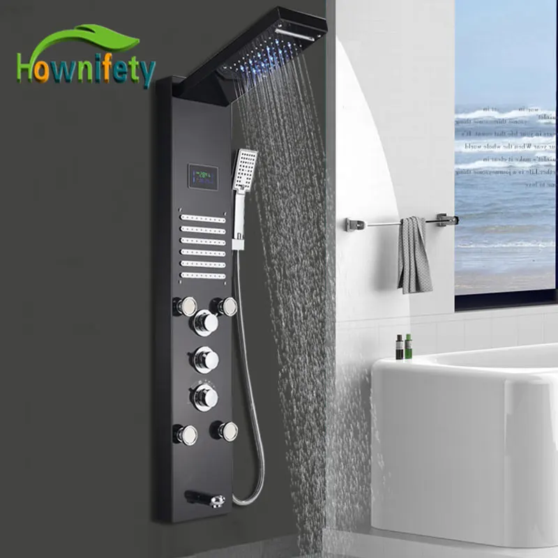 Luxury Black Brushed  LED Bathroom Shower Faucet Pannel  Systems Rain Mixer Tap Handheld Massage Temp Digital  Display Screen