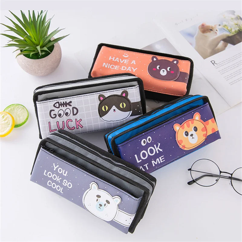 Cartoon bear Canvas pencil case School supplies stationery bag Multifunctional Office Desk Storage Bag view 2