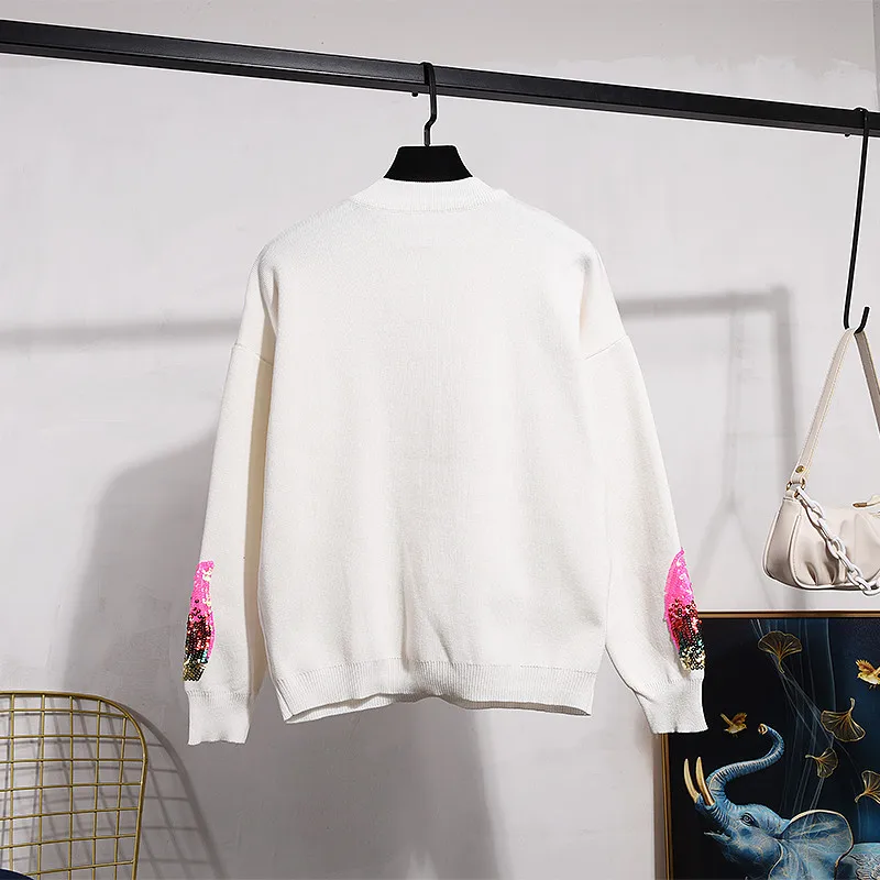 Spring Autumn New Sweater Women Outfits Fashion Sequins Embroidery Long-Sleeve Knitwear + Little Feet Pants Two Piece Set H1326