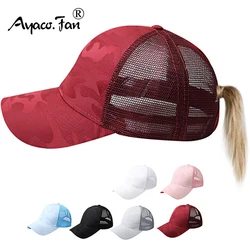 2021 Women Hollow Out Ponytail Baseball Cap Cotton Pattern Camouflage Patchwork Mesh Baseball Hat Outdoor Sports Snapback Sunhat