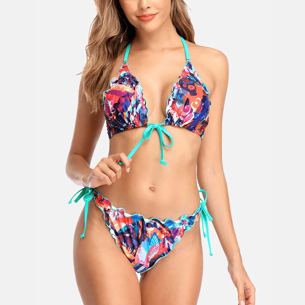 Anfilia kobiety Bikini Set kwiatowy Print strój kąpielowy Halter koronkowe stroje kąpielowe boczne bandaż seksowny kostium kąpielowy typu push up