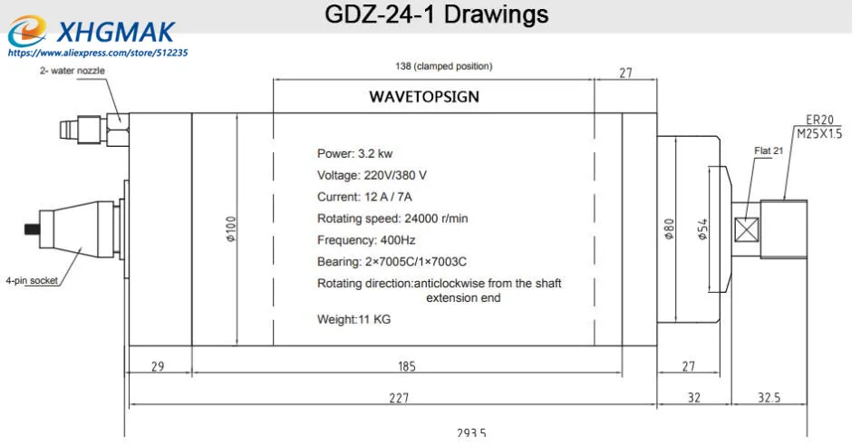 Spindle 3.2kw GDZ-24-1 GDZ-24-1B GDZ-24-2 3.2kw 220V 380v 24000rpm 12A 400HZ Dia.100mm 105mm Four-bearing waterproof stone motor