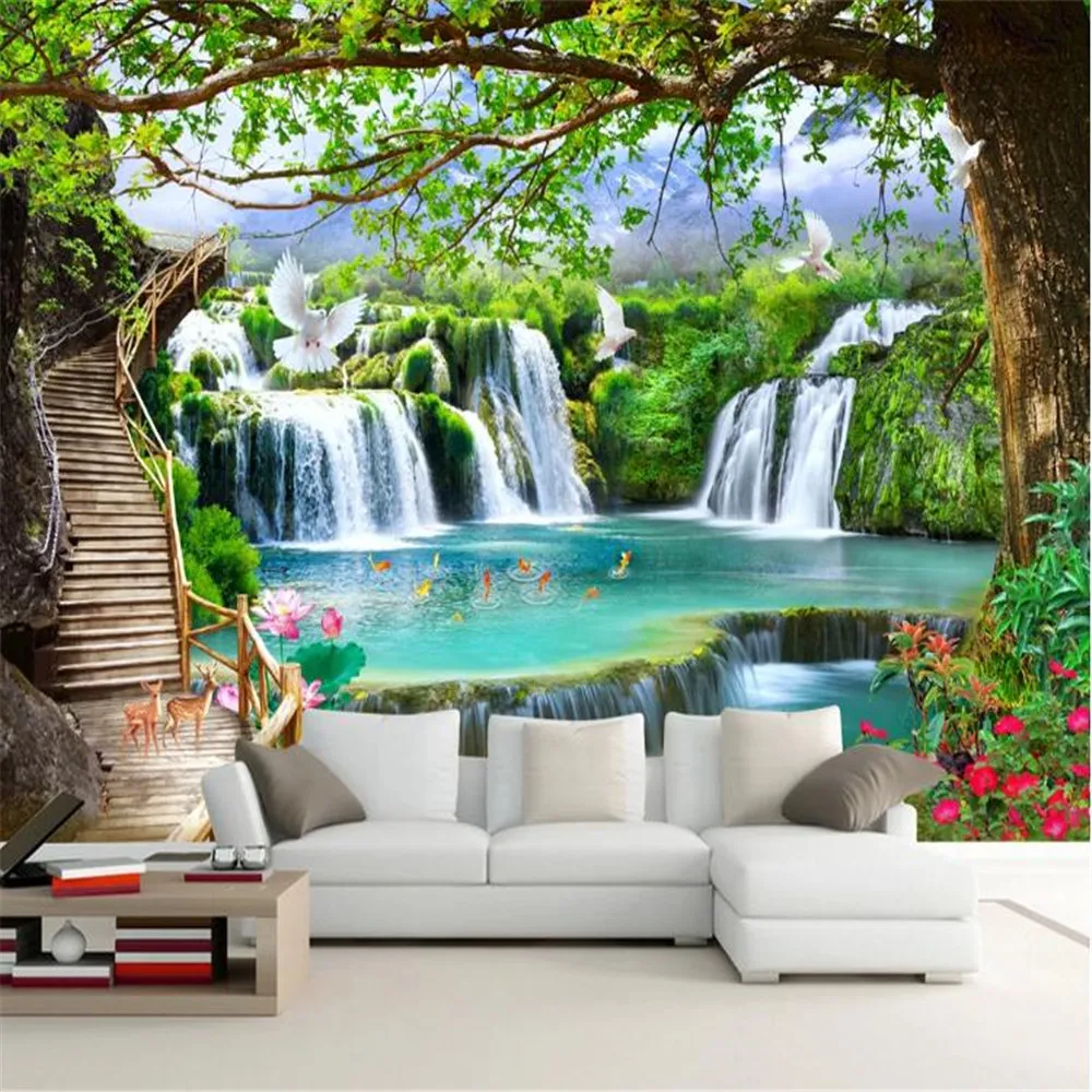 

Milofi custom 3D photo wallpaper mural simple leisure green big tree forest waterfall landscape tooling background wall