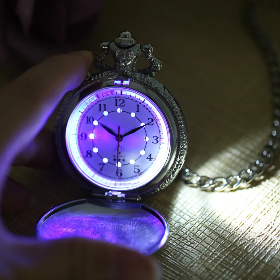 Silver Motorcycle Luminous LED Flash Motorbike MOTO Design Fashion Quartz Pocket Watch Carved Chain Clock Fob Gift for Men Women