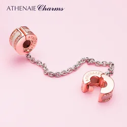 ATHENAIE 925 Sterling Silver Clear CZ White Enamel Shining Safety Chain Authentic Stopper Charm Color Rose Gold Fit Women B