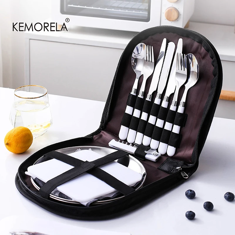 Outdoor Picnic Camping Tableware Fork Spoon Knife Bottle Opener Stainless Steel Foldable Pocket Tableware Set Hike Kitchen Tools