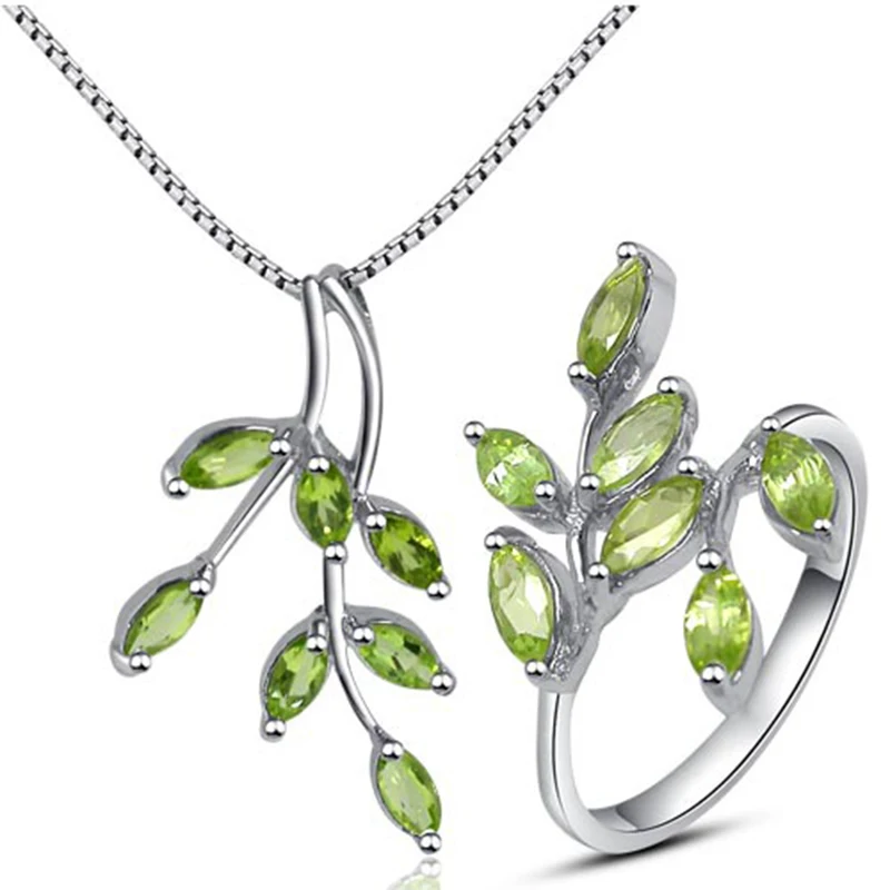 Beautiful Leaf Shape Green Olivine Jewelry Sets Ring Pendant Necklace Sterling 925 Silver Natural Peridot Fine Jewelry for Party