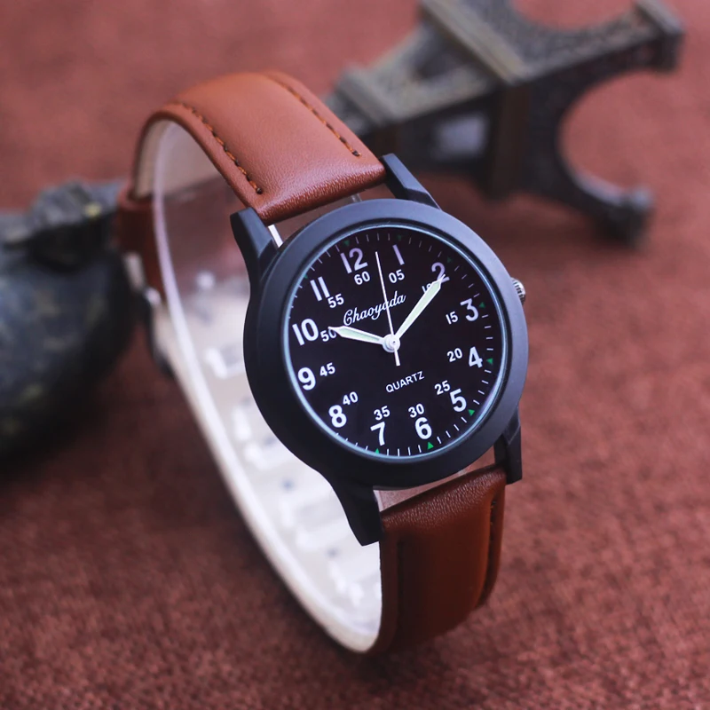 Chaoyada Fashion Mannen Jongens Lederen Band 24 Uur Quartz Horloge Studenten Kids Leren Tijd Hoge Kwaliteit Elektrische Horloges