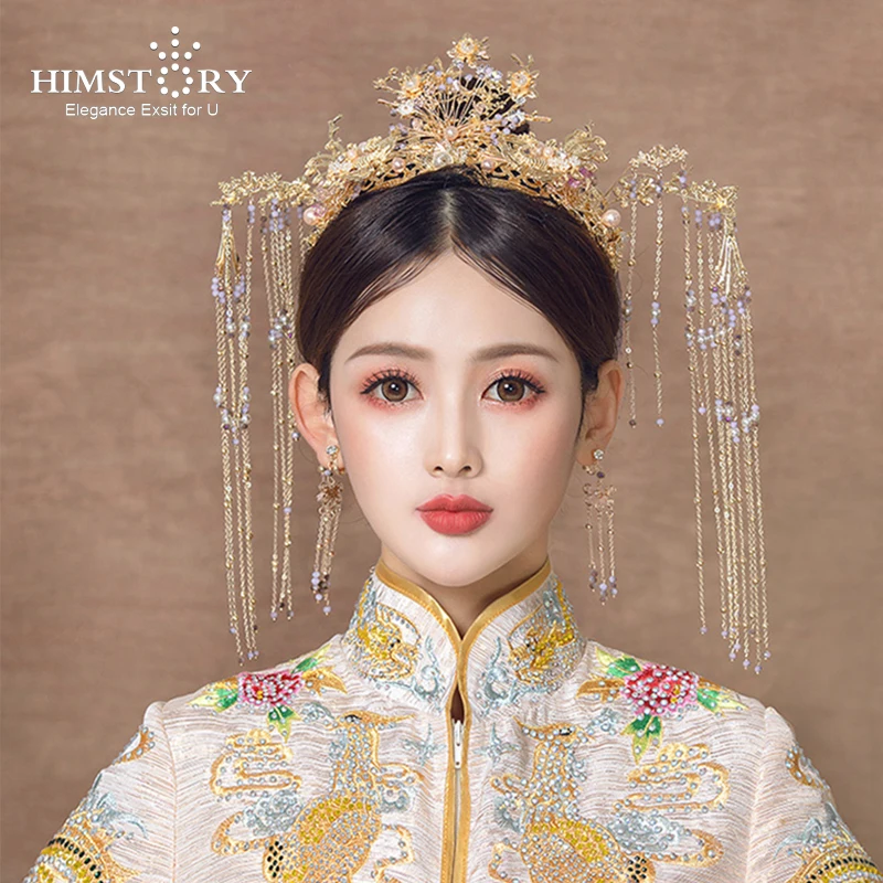 

HIMSTORY Vintage Chinese Wedding Crown Retro Bridal Purple Beaded Luxury Hairwear Jewelry Hair Accessories