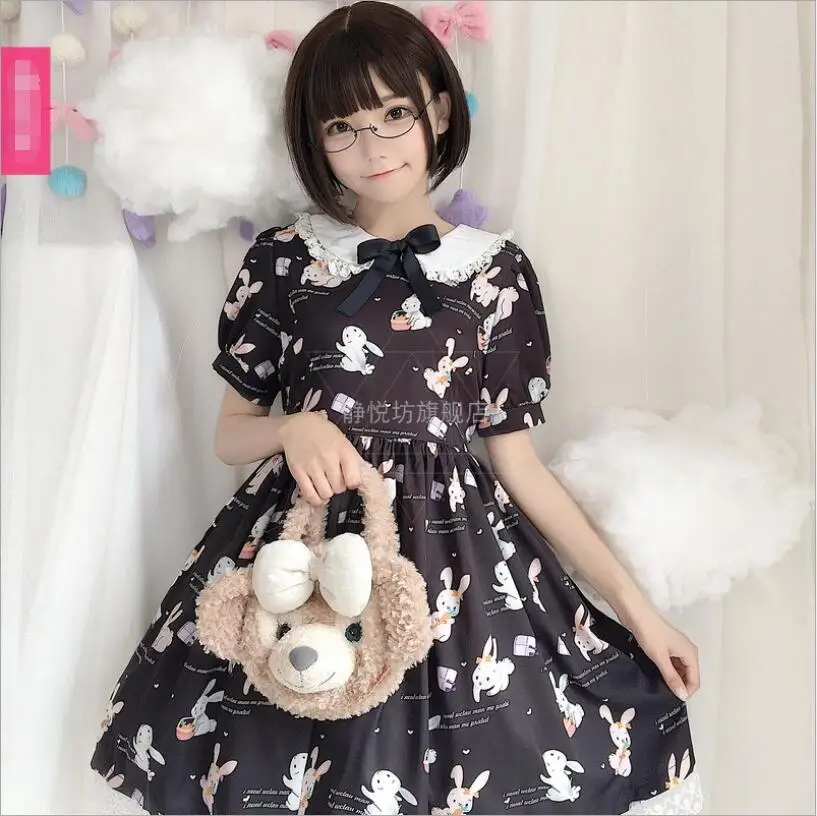 Japońska słodka, nowa sukienka Lolita retro gotyckie dziewczyny królik wydruku długi/krótki rękaw czarny Kawaii Cos Loli spotkanie przy herbacie sukienka