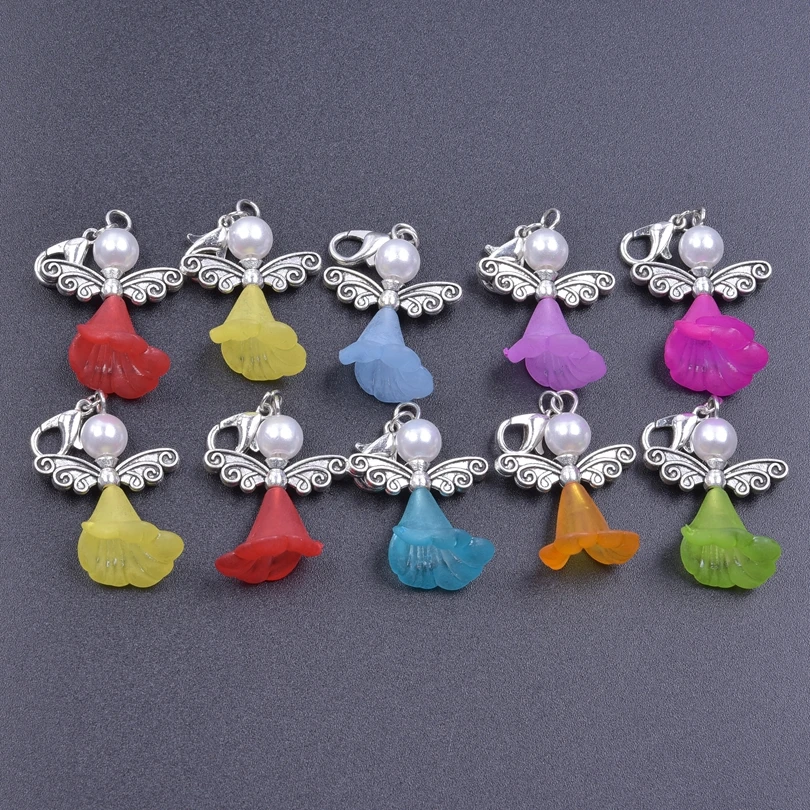 10pcs Angel Wings Charms For Jewelry Making DIY Keychain Resin Flower Fashion Pendant Mixed Colorful Accessories Lobster Clasp