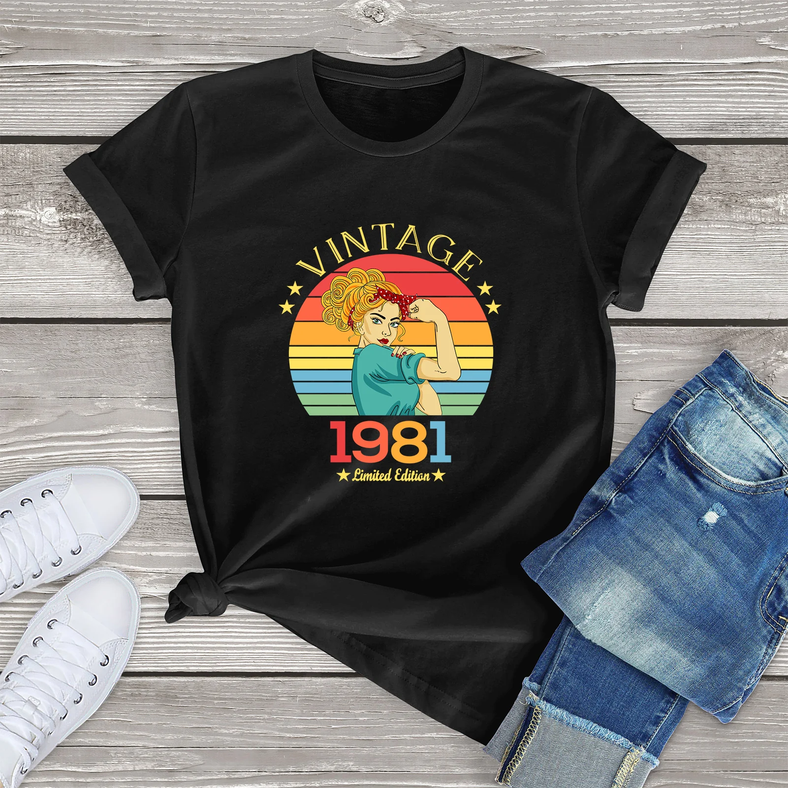 

Unisex Cotton Vintage 1981 Limited Edition Retro Rosie Womens 40th Birthday Gifts Funny Summer Men's Novelty T-Shirt Women Tee