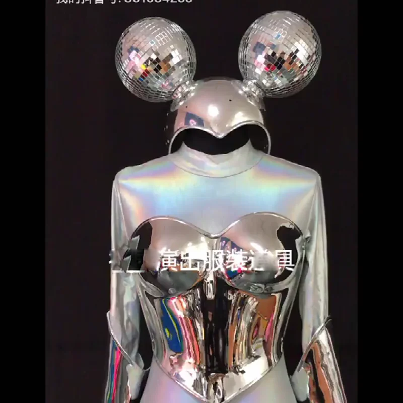 

silver mouse jumpsuit Nightclub bar future technology mirror costume women party girl singer stage show dancer clothing