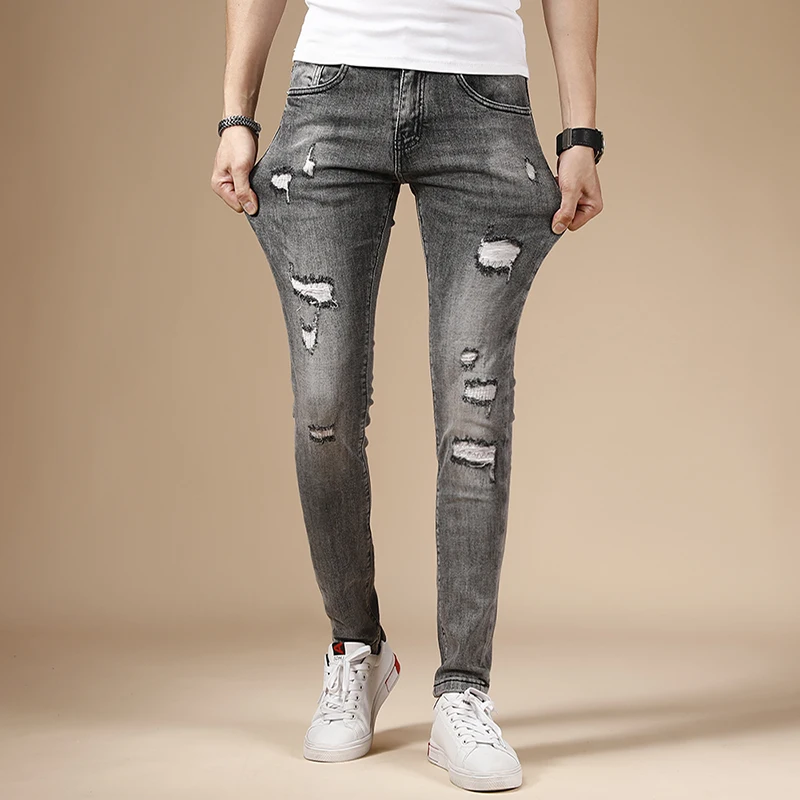 Jeans Men Summer Skinny Jeans Men Casual Gray Stretch Ripped Pants Streetwear Mens Slim Fit Denim Trousers Blue