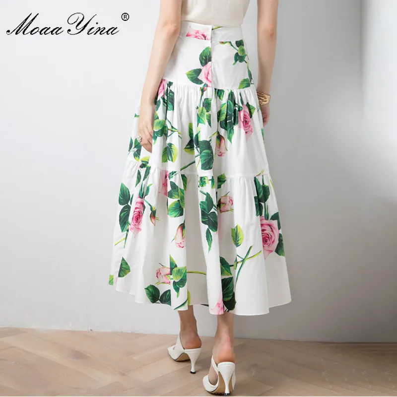 MoaaYina Summer Women Rose Floral-Print Elegant Cotton skirt