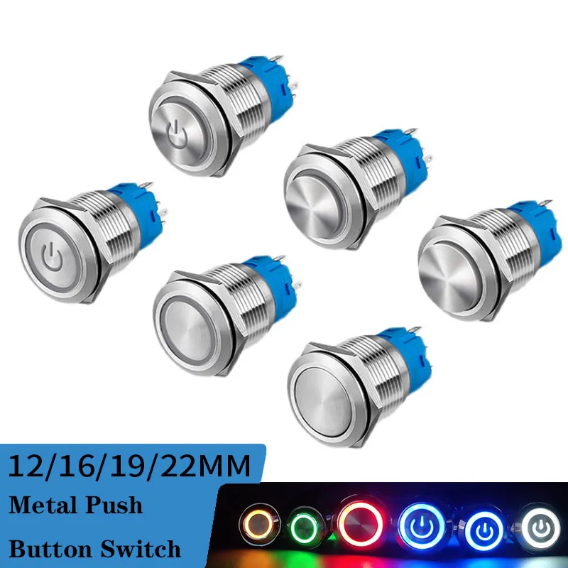 1pcs 12/16/19/22mm Waterproof Metal Push Button Switch LED Light Momentary Latching Car Engine Power Switch 6/12/220V Red Blue