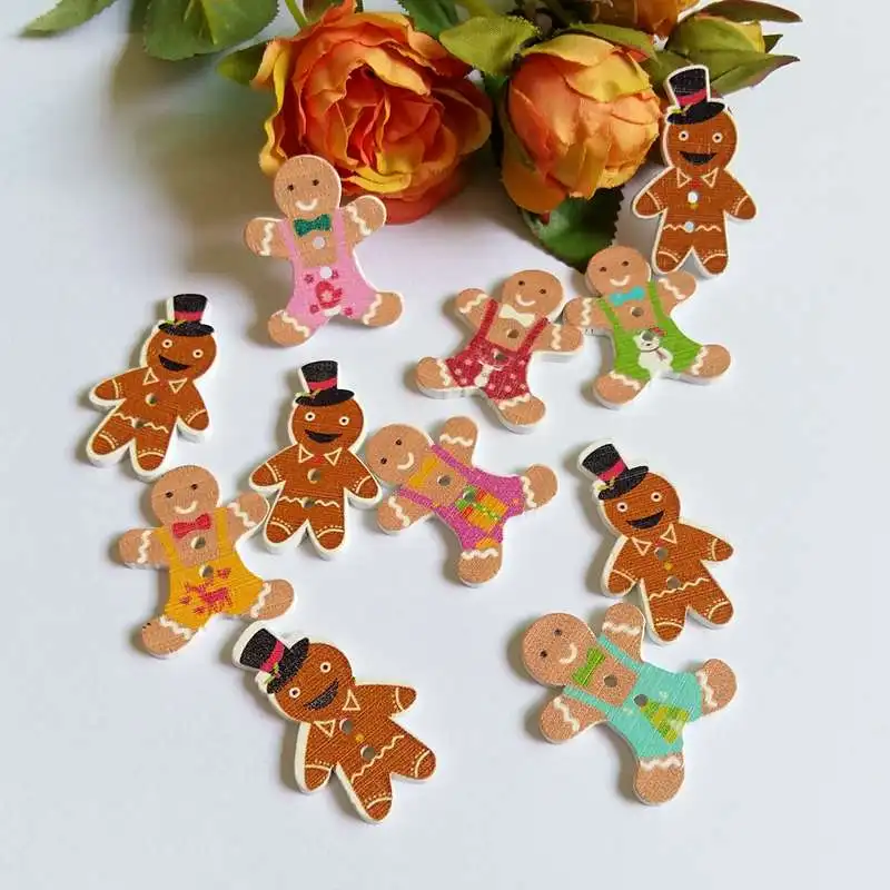 40pcs 2 Holes Gingerbread Man Christmas Button Decorative for Craft Sewing Wood Button For Clothing Kid Clothes Decoration