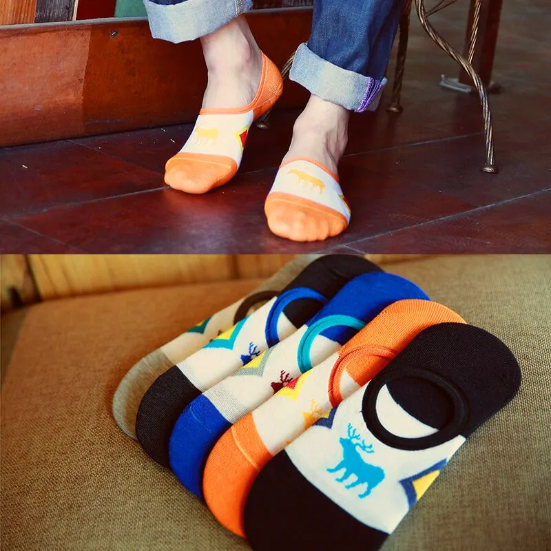 5 Pairs Spring Summer Unisex Men Women Cotton Invisible Socks Cartoon Dog Deer Male Low Cut Socks Boy Casual Slippers Boat Socks