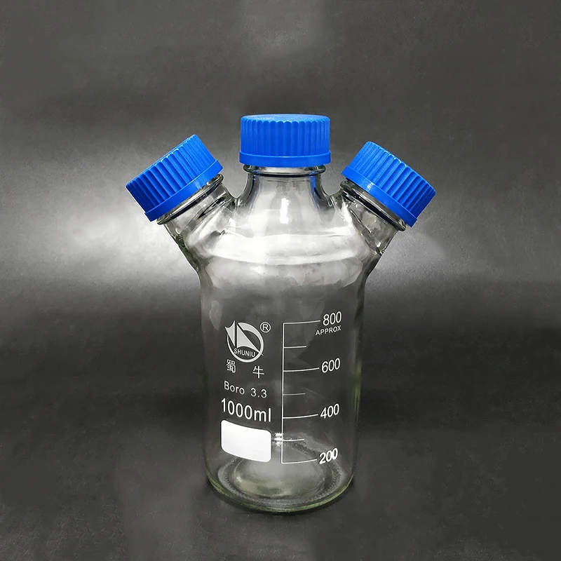 

Reagent bottle,With 3 blue screw covers,Borosilicate glass 3.3,Capacity 1000ml,Graduation Sample Vials Plastic Lid with 3 necks