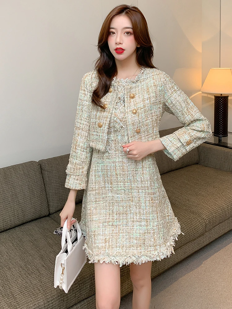 2021 Mới Thu Nhỏ Hương Thơm Tweed 2 Bộ Phụ Nữ Thanh Lịch Ngắn Áo Khoác Áo Khoác + Bể Mini Tua Rua Len Pha đầm Phù Hợp Với