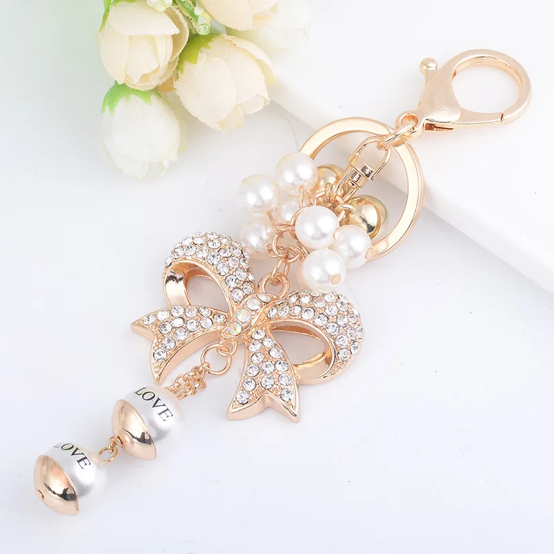 Exquisite Woman Jewelry Imitation Pearls Beads Crystal Alloy Bow Chain Keychain Car Trinke Bag Pendant Girl Gift Keyring