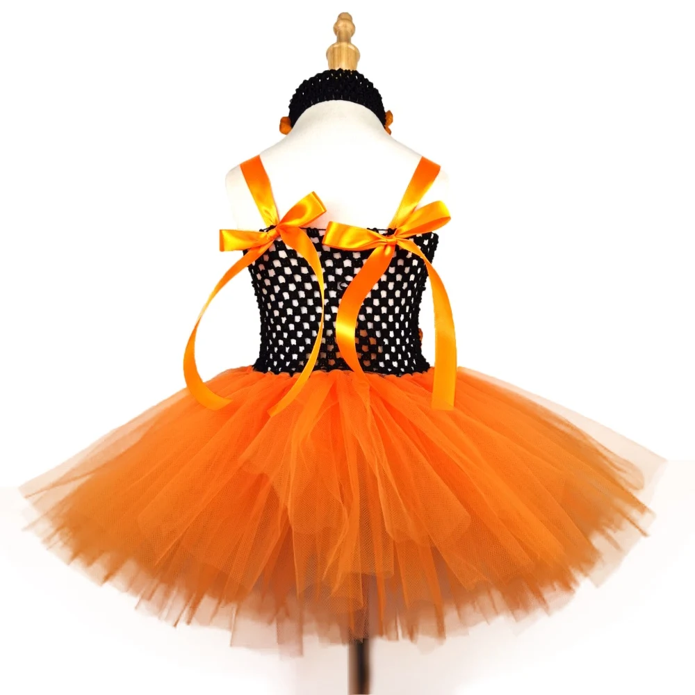 Girls Orange Flower Petals Tutu Dress Kids Black Crochet Ballet Tulle Dress with Headband Children Halloween Party Costume Dress