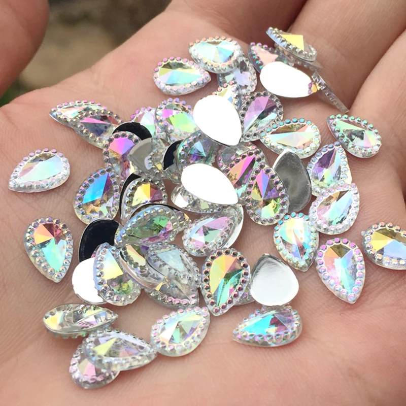 100pcs/lot 7*10mm white AB color water drop shape flat back rhinestone wedding decoration buttons