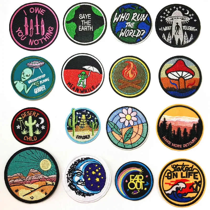 Cactus Alien ET UFO Fire Burning Mushroom embroidery with badges Iron on High-quality Patches for Clothing bag Jeans DIY